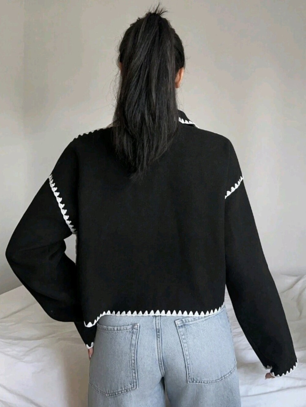 Contrast Color Cropped Jacket In Autumn Office Black Elegant - Picture 2 of 5